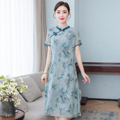 Middle-Aged Women Silk Dress 2021 Summer Qipao Chinese Style Stand Up Collar Printing Daily Improvement Cheongsam Elegant zh1478