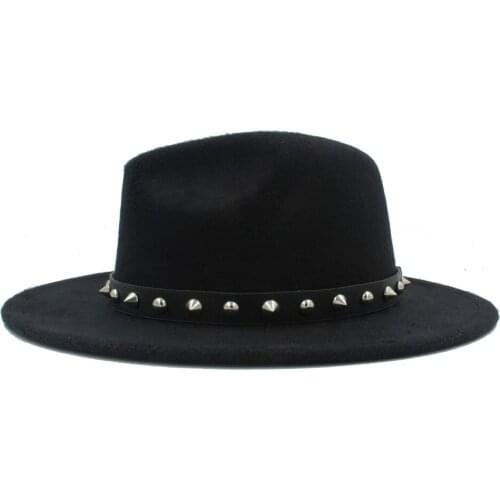 Retro Wool Women Men Outback Fedora Hat Winer Autumn Wide Brim Jazz Church Godfather Cap With Punk Rivet Ribbon Size 56-58CM S18