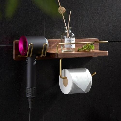 Nordic Wooden Paper Towel Rack Sundries Hair Dryer Storage Holder Brass Hooks Bathroom Shelf Organizer Home Restaurant Decor