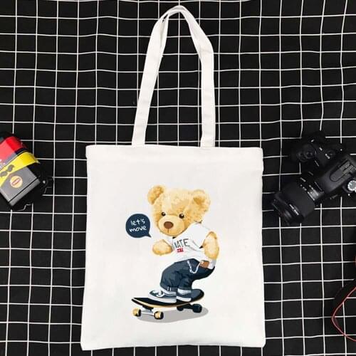 Foldable Tote Bags Reusable Handbags Eco-friendly Shopper Handbag Large Capacity Womens Bag No Zipper Bear Pattern Canvas Bag