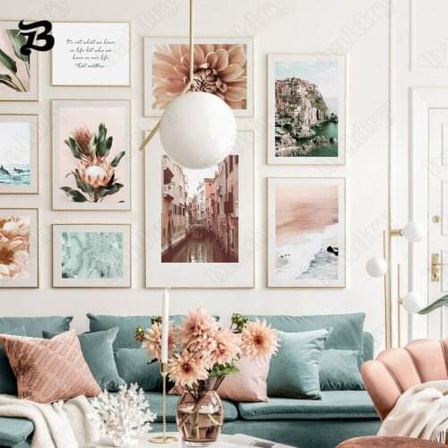 Modern Natural Landscape, Ancient Cultural Buildings and Green Flowers Wall Art Prints Canvas Painting Nordic Poster Home Decor