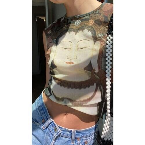 Womens Stretchy Crop Tank Tops, Summer Sleeveless Crew Neck Buddha Print Slim Fit Tops T-shirt 2021