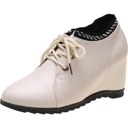Inner-increasing Soft Leather Women Wedges Casual Shoes Comfortable Lace Up Female Flat Platform Casual Shoes