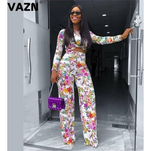VAZN 2020 New Spring O-neck Full Sleeve Long Pant 2PCs Set Casual Beach Clothing Ladies Women Floral Print Sets