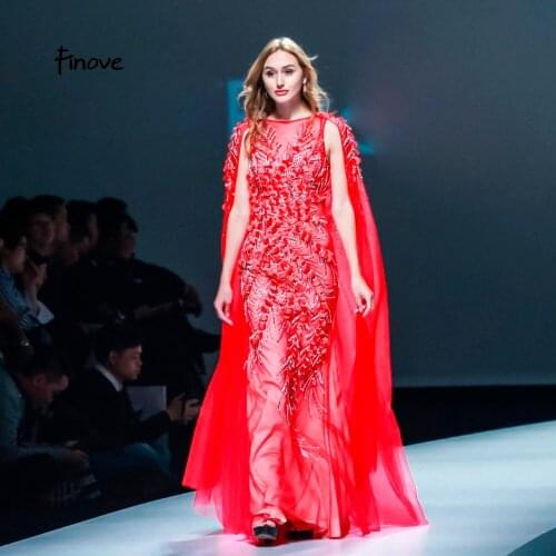 Finove Appliques Beading Evening Dresses 2020 New Chic Styles Light Red Mermaid Elegant Dresses with Cloak Womens Dresses