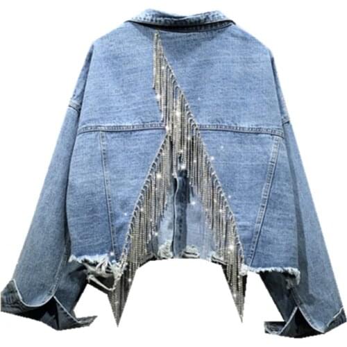 Rhinestone tassel heavy industry denim jacket women 2020 spring autumn personality loose casual short jeans coat