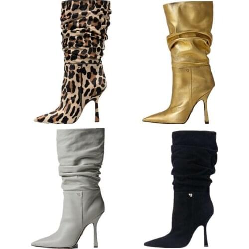 Womens Pointed Toe Leather Mid Calf Boots Stilettos High Heel Pull On Chelsea Shoes 4Colors Plus Size New 2021