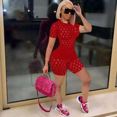 Women Tracksuit 2Pcs Hollowed Sports Suit Clothes Set Hole Sexy Short Sleeve T-shirt Tops Slim Shorts Sets Sportswear Summer New