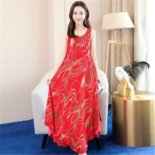 New 2019 Women dress summer Print Chiffon sleeveless long dresses fashion Loose Round neck dress Plus size Vestidos 636
