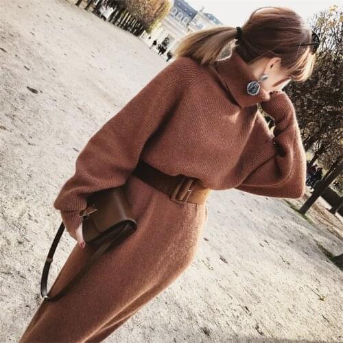 WAVSIYIER women knitted dress female autumn winter jumper dresses woman solid brown belt turtleneck collar maxi dress sweater
