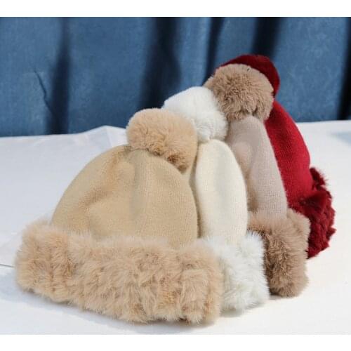 Winter Knitted Woolen Hat Women Warm Rabbit Fur Beanies Plus Velvet Thick Beanie Hat Handmade Crochet Cute Pom Poms Hat