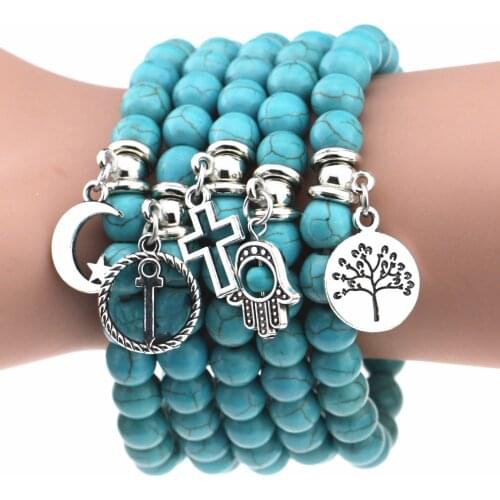 1Pcs New Exquisite Alloy Feather Cross Tree of Life Beaded Elastic Bracelet Suitable for European Womens Gifts