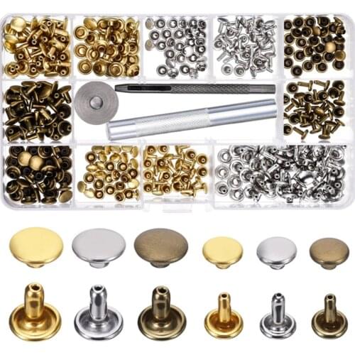 180 Set Leather Rivets Double Cap Rivet Tubular Metal Studs with 3 Pieces Fixing Tool for DIY Leather Craft Rivets Replacement