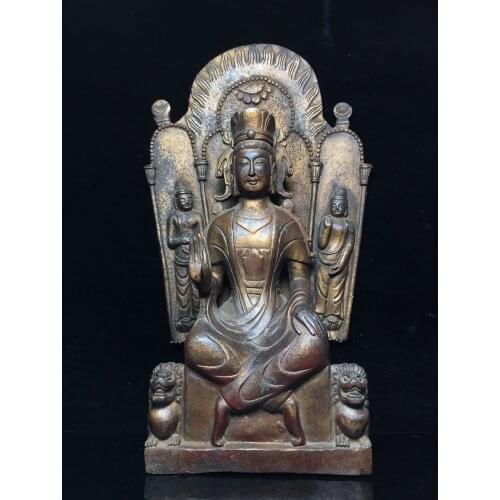 19"Tibet temple Old Bronze Lacquer Cinnabar Northern Wei Buddha Statue Great Buddha Tathagata Left and right guardian Enshrine