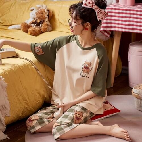 BZEL Cute Cartoon Plaid Pajamas Set Women Cotton Sleepwear New Summer Home Suit Large Size Pyjamas Comfort Pijama Mujer Hot Sale