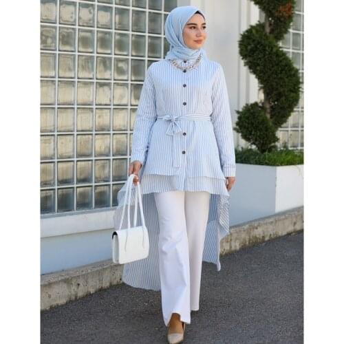 Long Tunic Muslim Women Long Sleeve Button and Belt Shirt Collar Striped Turkey Fashion Casual Dress