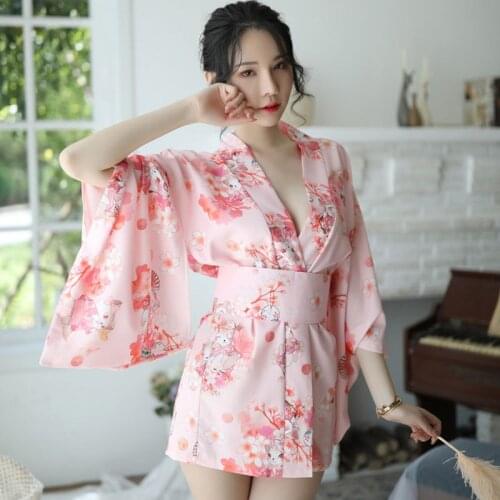 Womens Japanese Sexy Cute Short Print Cat Bow Kimono Bathrobe Uniform Nightgown Nightdress Set