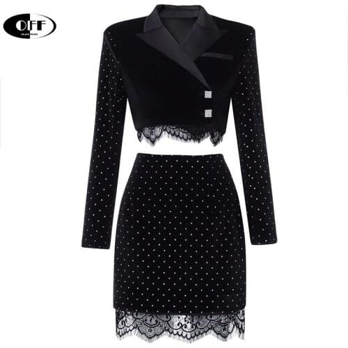 Suit Collar Hot Rhinestones Velvet Stitching Lace Short Coat Two-Piece Set Ladies New Style Hip Mini Skirt Fashion Party Suits