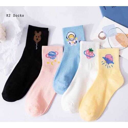 New Kawaii Planet Strawberry Sockings Harajuku Cotton Funny Cartoon Cat Astronaut Bear Fashion HipHop Happy Men and Women Socks