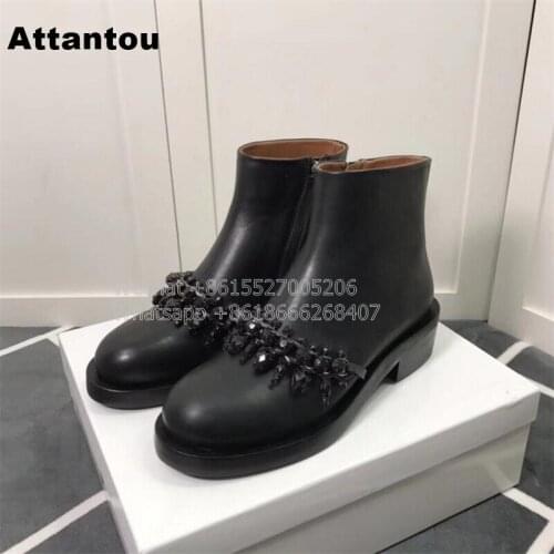 New Fashion Black PU Leather Martin Boot Woman Round Toe Riding Boots Designer Chain-Link Low Heel short Booty