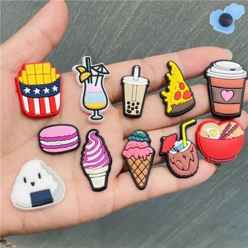 Coffee Pizza Food Drink Sushi Ice Cream Tea PVC Shoe Charms Sandals Accessories Shoes Buckle Decorations Fit Kid Gift Croc Jibz