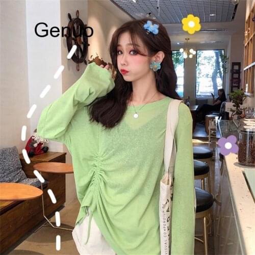 Casual Loose Ins Solid Color Long Sleeve T-shirt Womens Tshirts Kawaii Ulzzang Female Sweet Lovely Harajuku Tshirt For Women