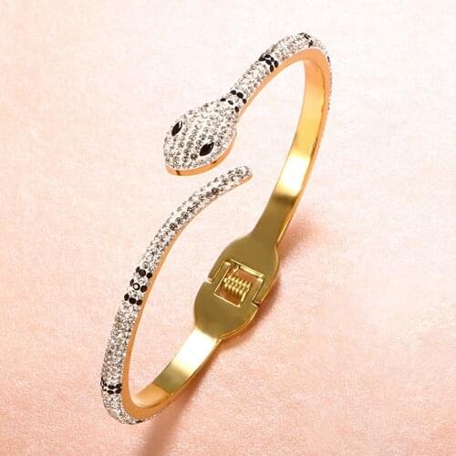 Luxury Stainless Steel CZ Clay Crystal Bangles Gold Color Snake Animal Bracelets Bangle For Women Men Jewelry Gifts