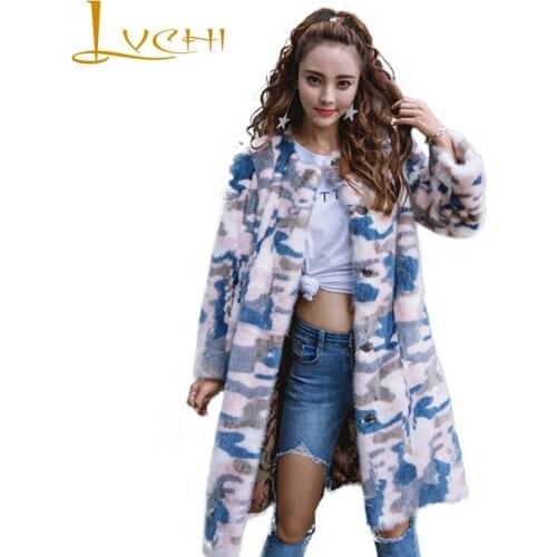 LVCHI new winter womens coats real fur mink coat medium mink fur jacket Camouflage series female clothes