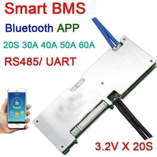 Smart 20S 60V 60A-30A Lifepo4 lithium battery protection board WITH balance bms system Bluetooth APP UART software monitor