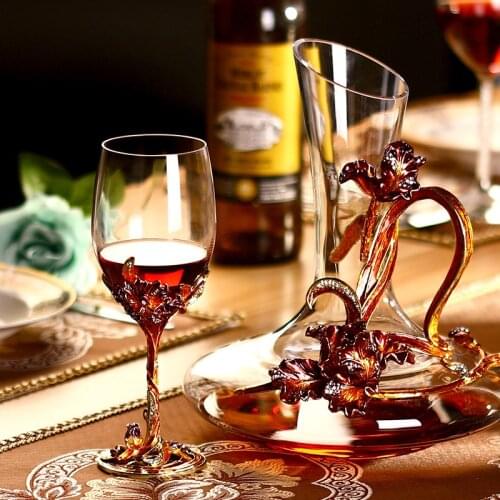 Wine Decanter Crystal 100% Hand Blown Wedding Glasses with Irises Enameled Handles High-class Wine Carafe & Goblet