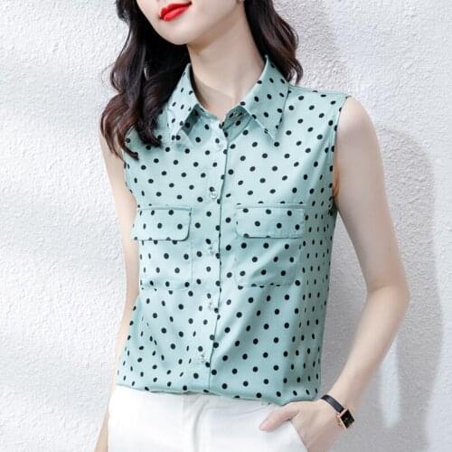 Casual Summer Sleeveless Polka Dot Silk Shirt Women Blouse Elegant Pocket Satin Shirt Ladies Top High Quality Work Shirt Clothes