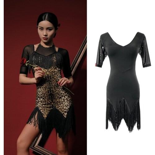 Fashion Latin Competition Performance Dance Dresses Women Sexy Short Sleeve Mesh Fringe Costumes Rumba Practice Clothes VO1448