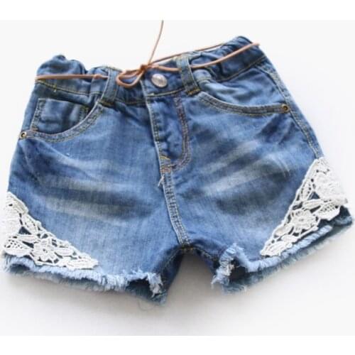 2016 Girls Washed Denim Shorts Childrens Clothing Kids Girl Lace Jeans Denim Lace Pants