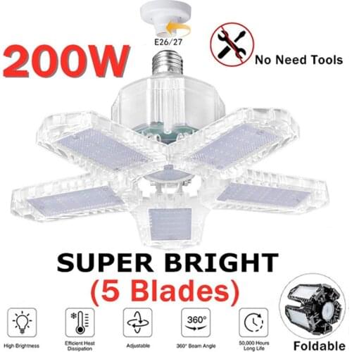 30/60/200W LED Garage Light E26/E27 Deformable Ceiling Light Bulb with 5 Panels