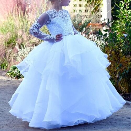 White Puffy Flower Girls Dresses Jewel Long Sleeve Appliques Lace Kids Party Gowns Tiered First Communion Gowns
