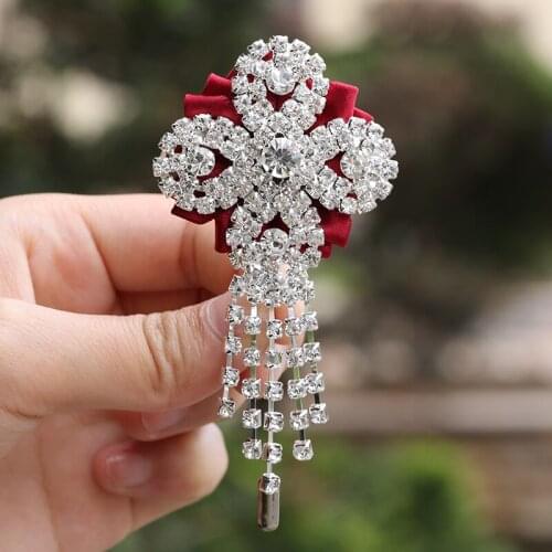 Korean Groom Dress Brooch Rhinestone Ribbon Mens and Womens Corsage Accessories Business Party Wedding Props XH068C