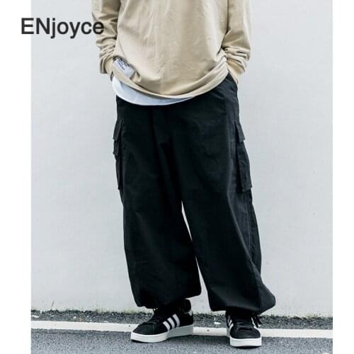 Men Vintage Khaki Pockets Loose Pants Japan Style Casual Streetwear Wide Leg Cargo Pants Punk Hip Hop Trousers Overalls