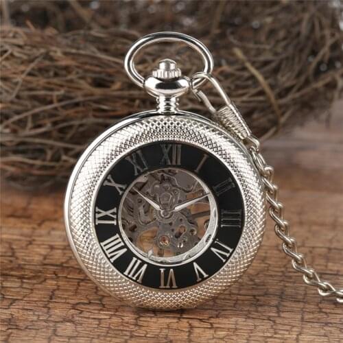 Silver Mens Pocket Watch Mechanical Hand Winding Watches Roman Numerals Display Half Hunter Skeleton Clock Pendant Chain Gift