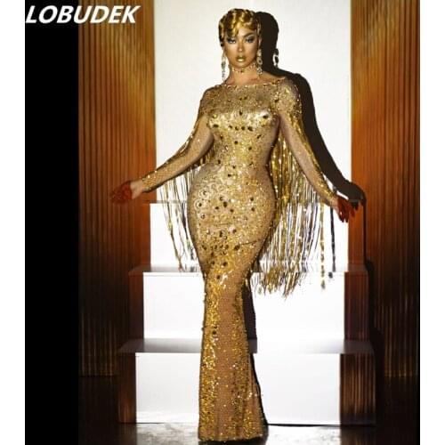 Gold Crystals Sequins Tassels Long Dress Fashion Women Prom Wedding Floor Length Rhinestones Dresses Singer Host Stage Costume