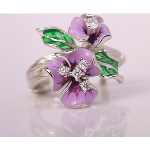 Elegant Exquisite Flower Silver Rings for Women Purple Bud Enamel Cubic Zirconia Crystal Wedding Anniversary Finger Ring Gift