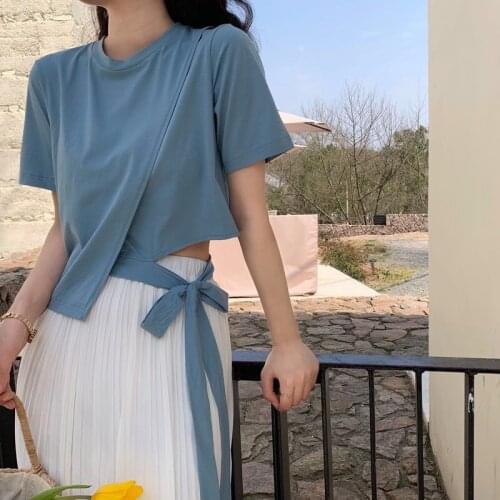 Short Sleeve T-shirts Women Bow Tied Belt Asymmetrical Hem Womens Solid Summer Chic Fashion Casual Streetwear Elegant Retro Top