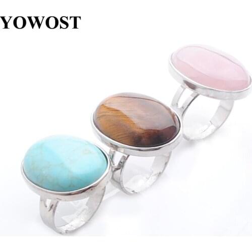 Finger Rings Adjustable Natural Stone Cabochon Pink Quartz Amethysts Crystal Tigers Eye Lapis Lazuli Aventurine Jewelry QBX308