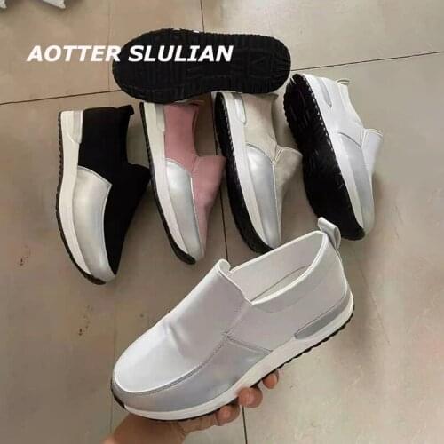 Fashion Women Sneakers Walking Flat Loafers Slip on Lightweight Vulcanize Shoes Feminino Female Silver Leather Sports Footwear