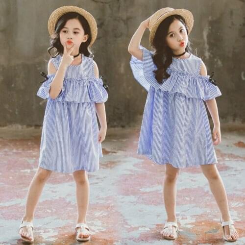 Summer Girl Off Shoulder Short Sleeve Princess Dress Clothes Korean Casual Children Stripe Pullover Birthday Party Dress Vestido