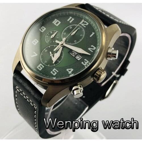 Corgeut 41mm chronograph watch copper plated case green dial date week leather strap mens top quartz watch