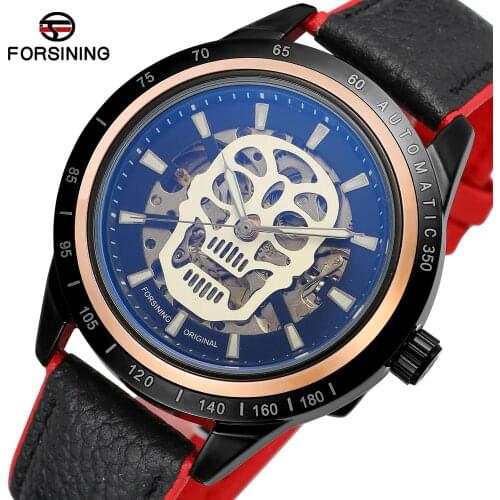 2019 WINNER Top Brand Cool Golden Skull Clock Men Crystal Decoration Skeleton Auto Mechanical Luxury Genuine leather Wrist Watch