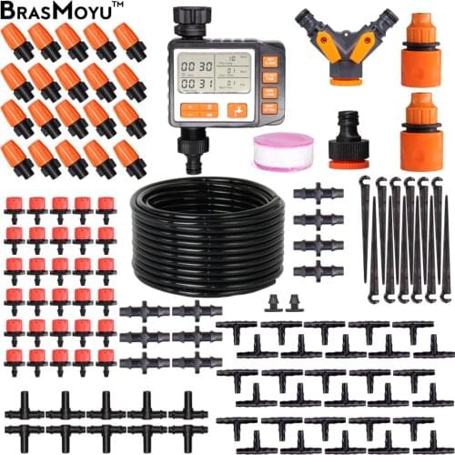 BRASMOYU 5-50M 4/7MM Garden Irrigation Watering Kits Timer Controller Irrigator System 2-in-1 Misting Sprinklers Drip Water Sets