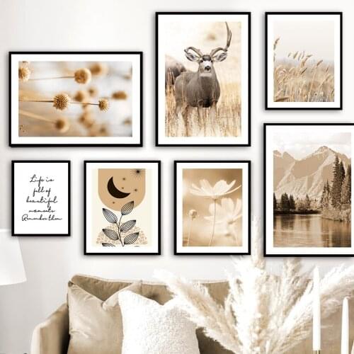 Deer Fox Reed Flower Mountain Lake Wall Art Canvas Painting Nordic Posters And Prints Wall Pictures For Living Room Home Decor
