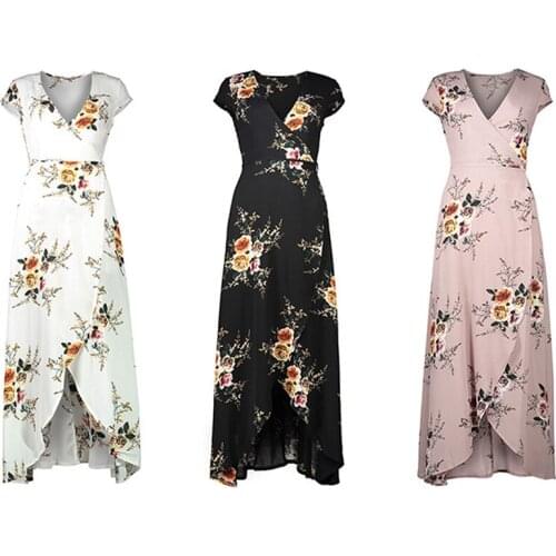 New Summer Beach Maxi Dress Women Floral Print Boho Long Chiffon Ruffles Wrap Casual V-Neck Split Sexy Party Dress Robe
