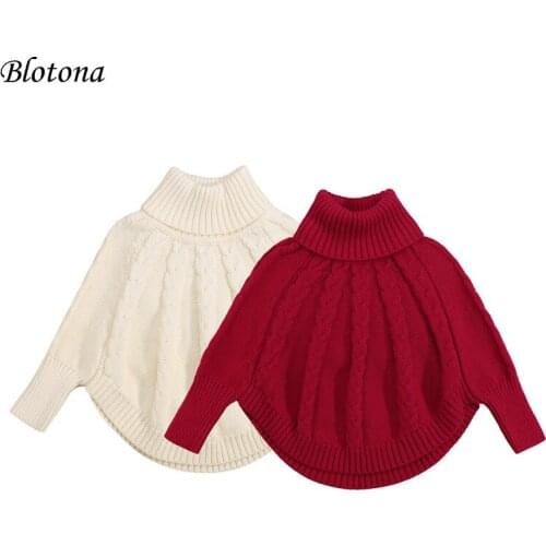 Blotona Kids Girls Autumn Winter Casual Knitted Solid Color Sweater, Turtleneck Batwing Sleeves Cloak Loose Pullover Tops, 1-6Y